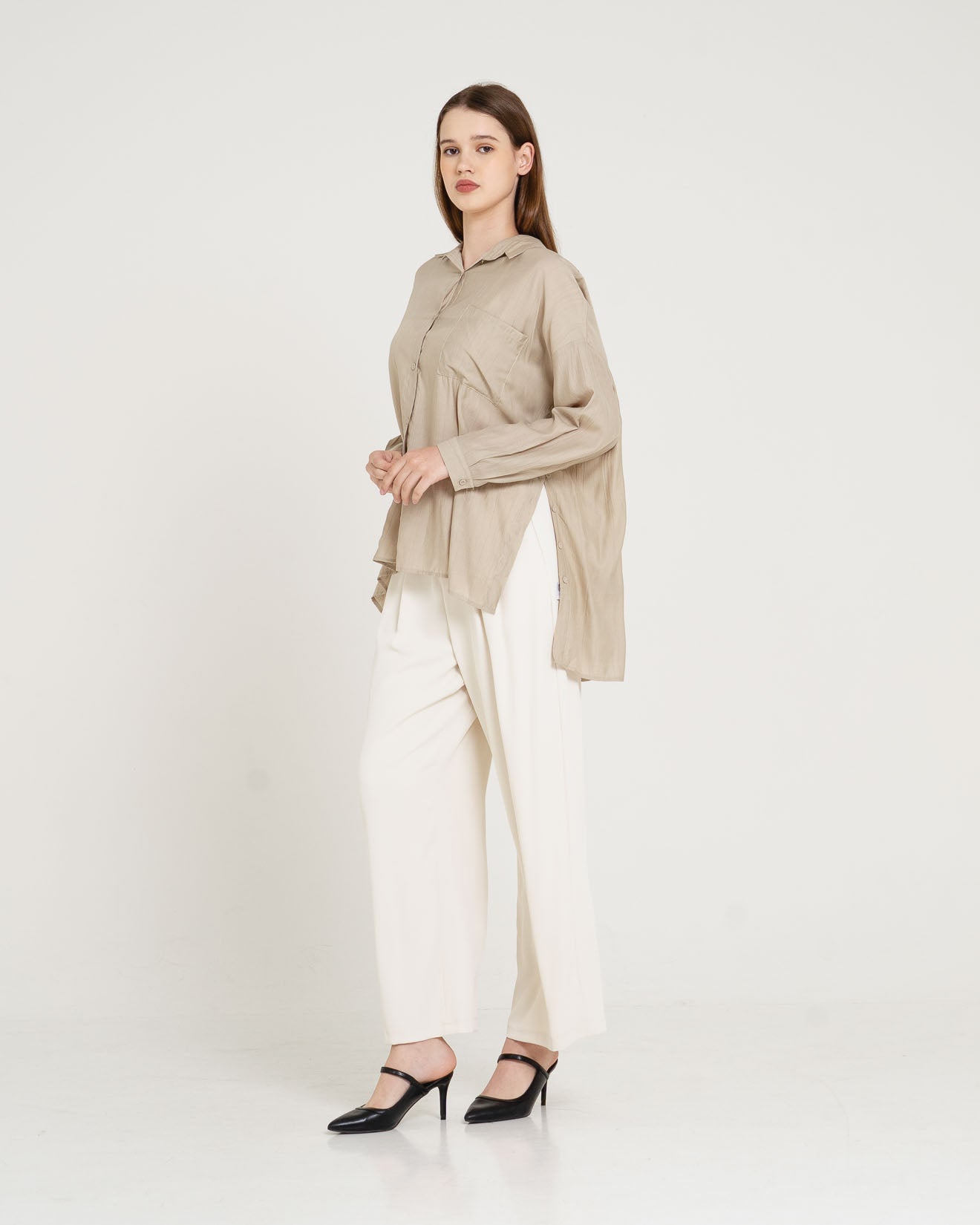 Alvan Side Button Sheer Taupe Shirt – 186907