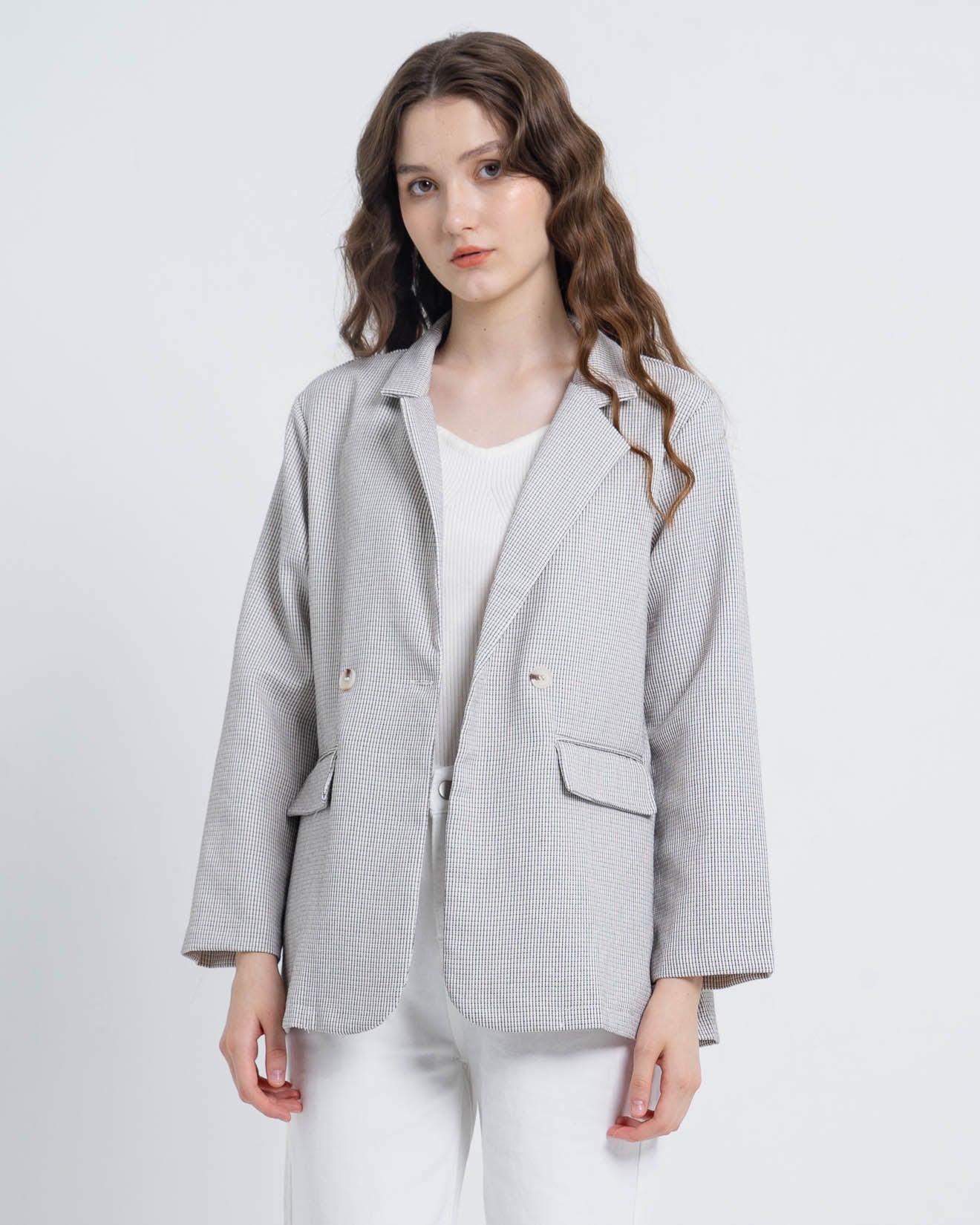 Emily Oversized Tweed White Blazer – Outer Formal - 188613