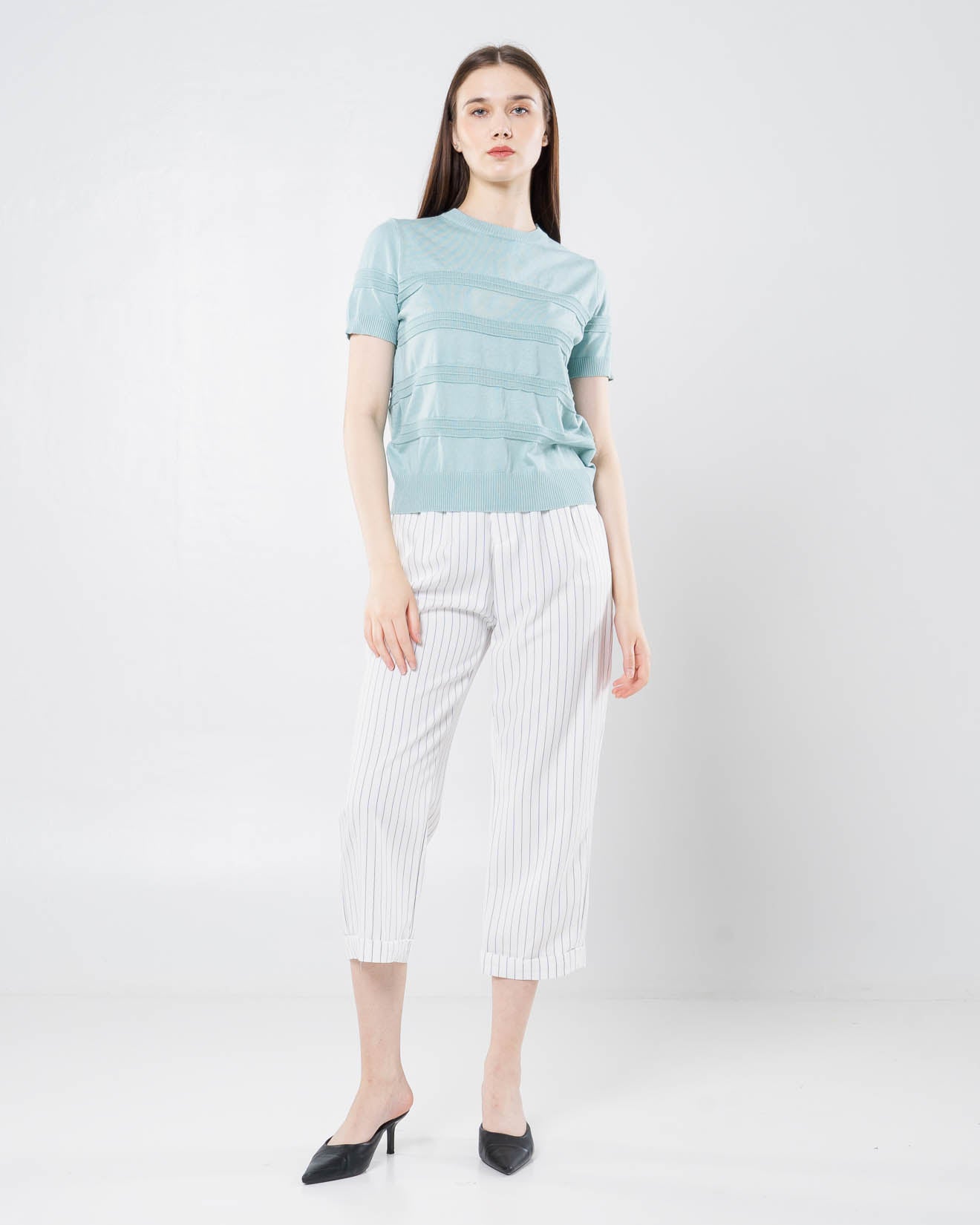 Naomi Knit Textured Blue Top – Atasan Wanita Lengan Pendek -189366