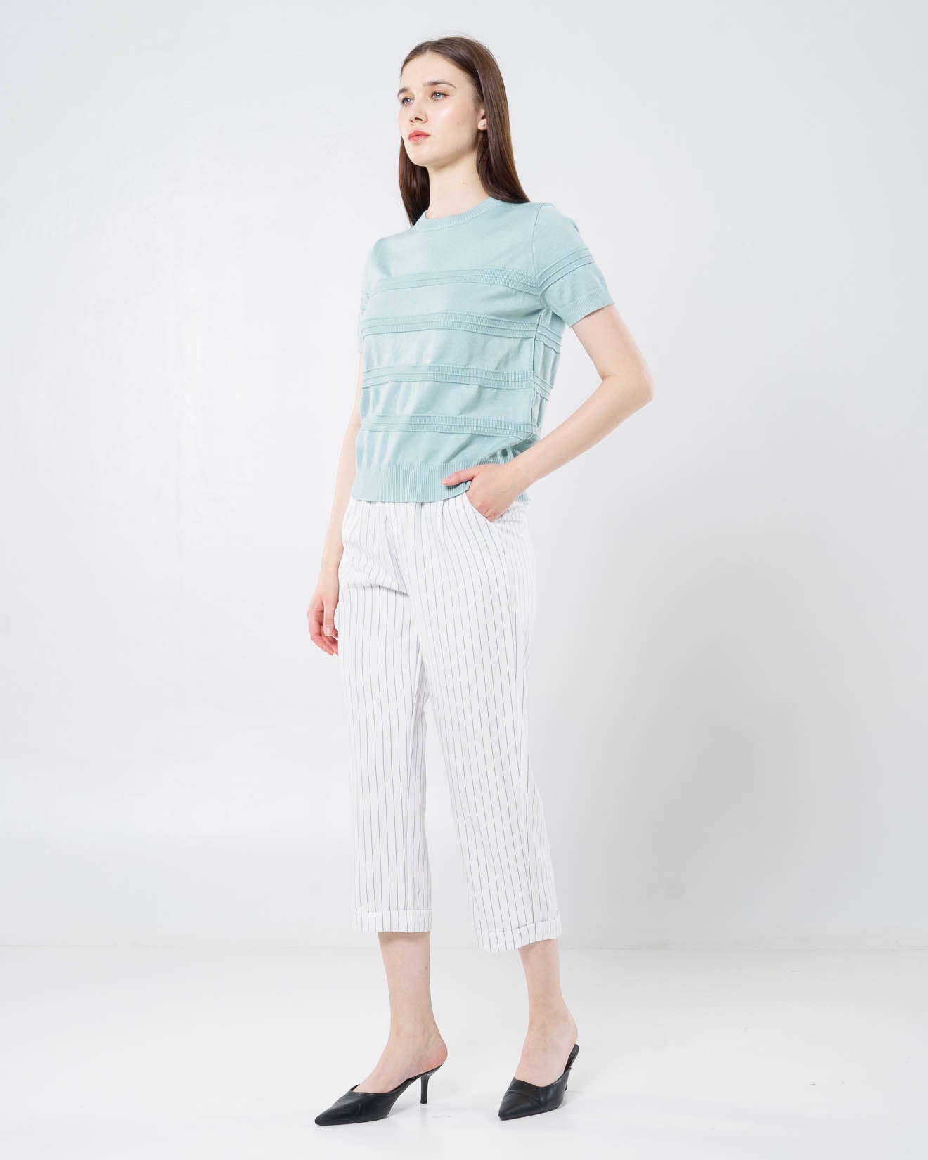 Naomi Knit Textured Blue Top – Atasan Wanita Lengan Pendek -189366
