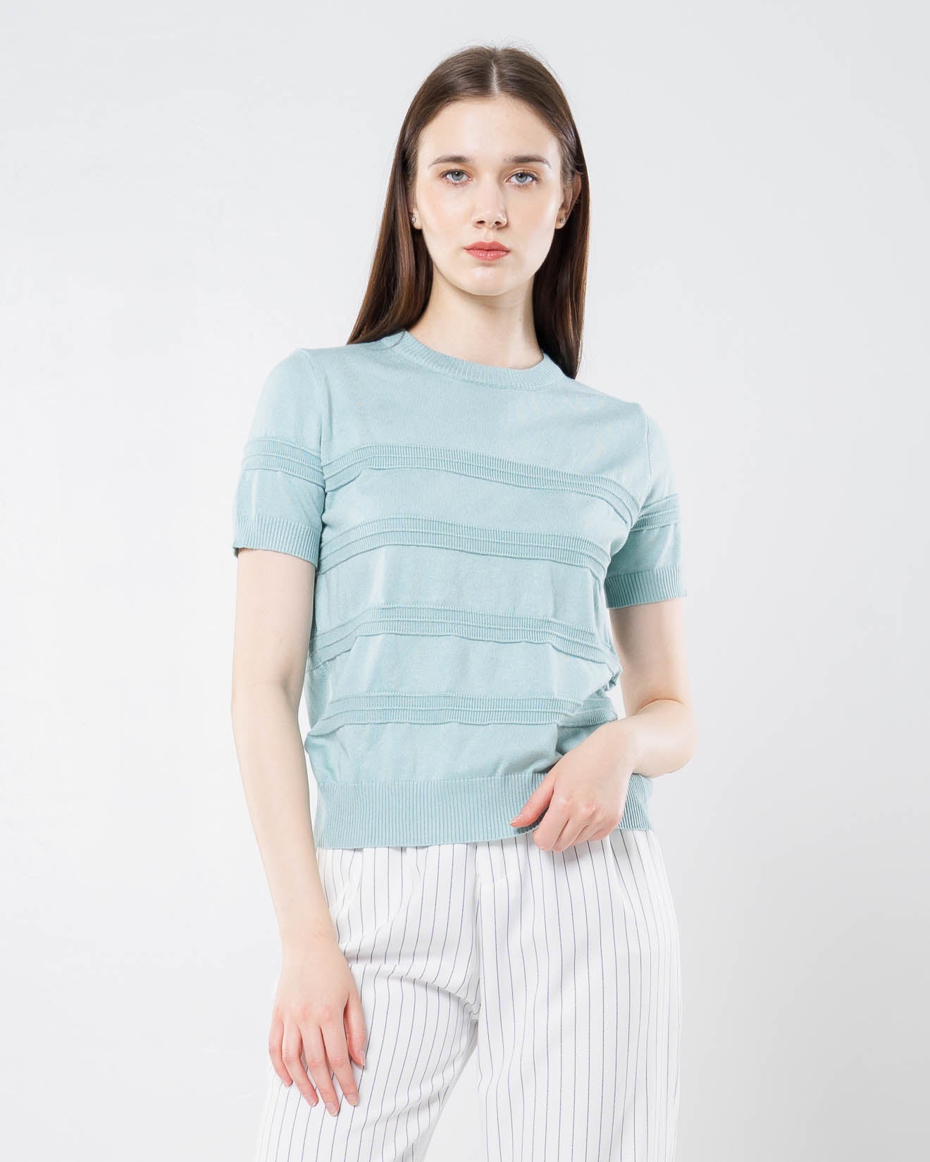 Naomi Knit Textured Blue Top – Atasan Wanita Lengan Pendek -189366
