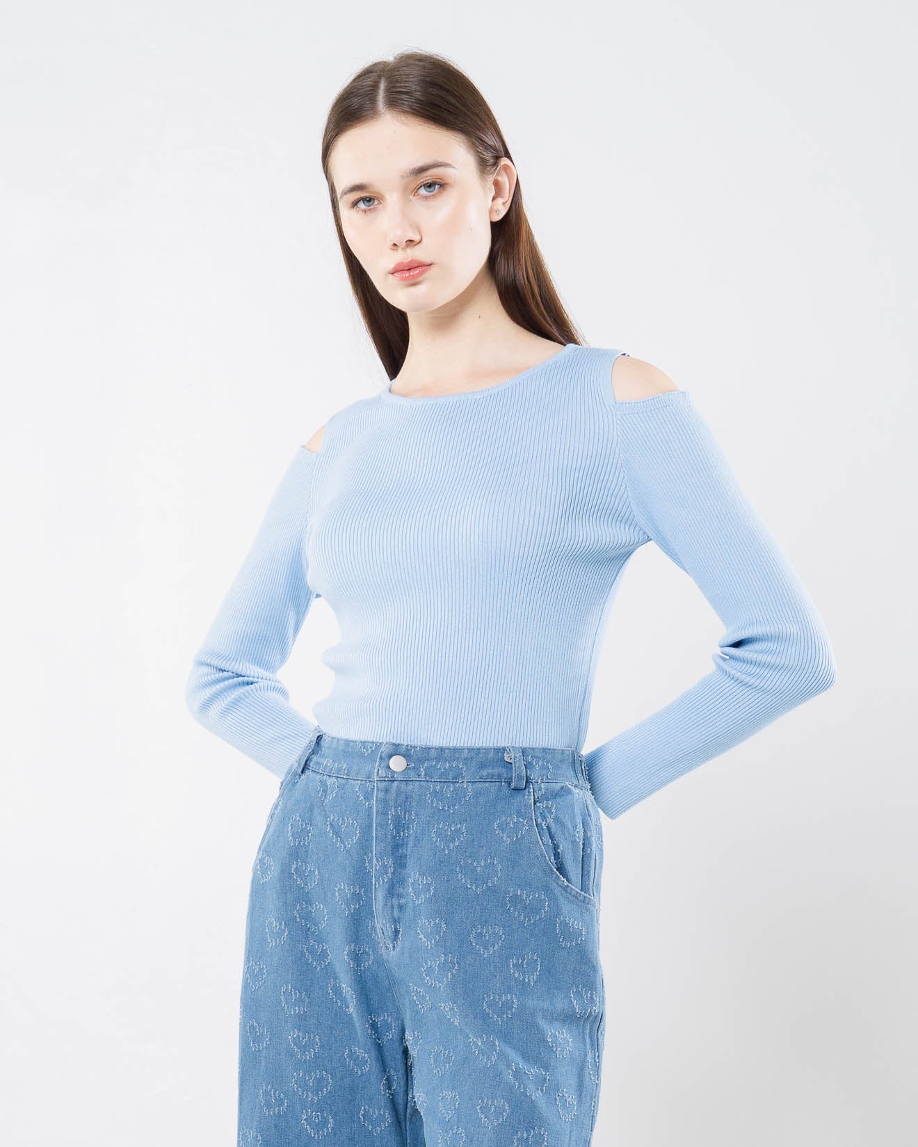 Aeros Cut-Out Knit Blue Top- Atasan Wanita Rajut Lengan Panjang - 189431