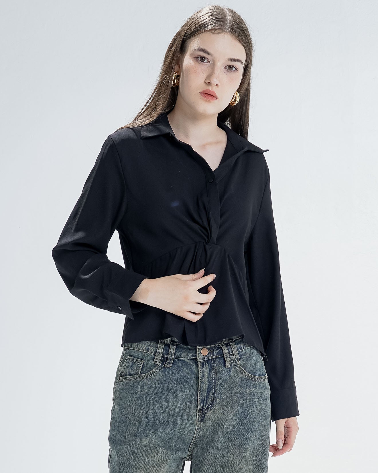 Mimosa Fitted Black Blouse - Atasan Wanita Kekinian Lengan Panjang - 189435