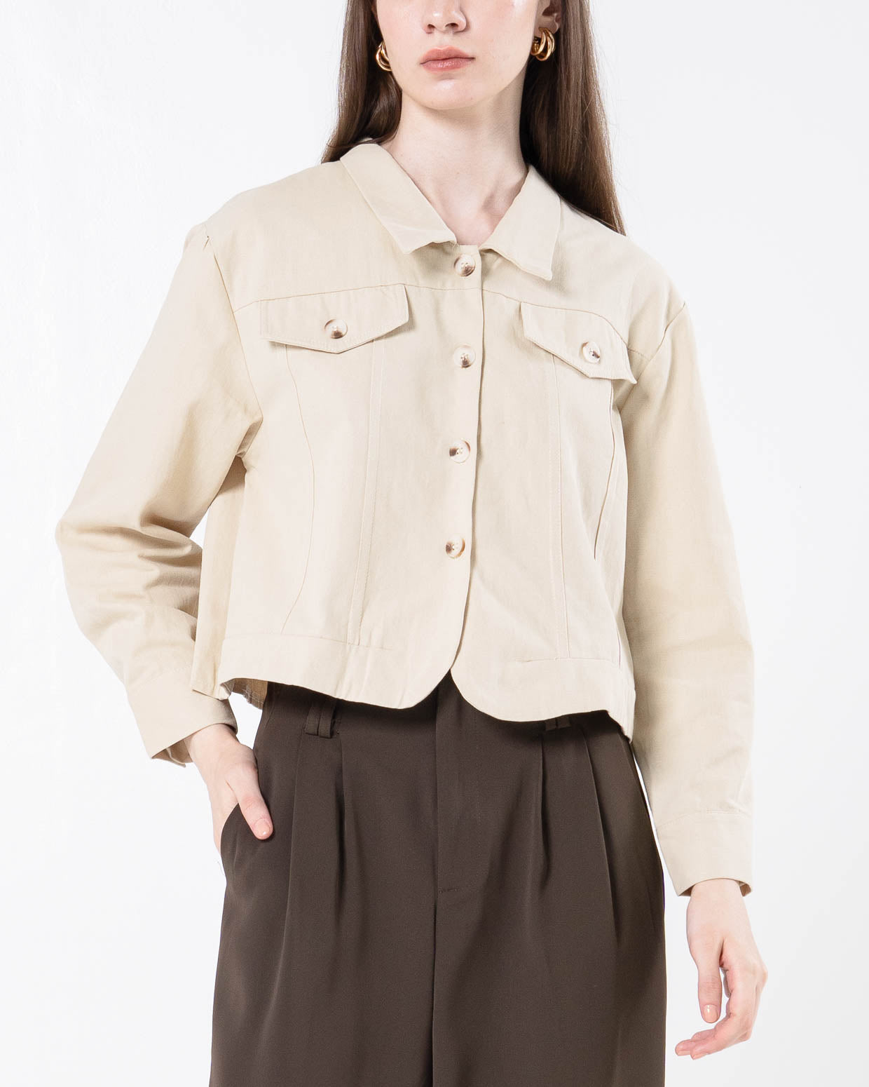 Erise Crop Long Sleeve Ivory Top - Atasan Wanita Lengan Panjang Kekinian - 189705