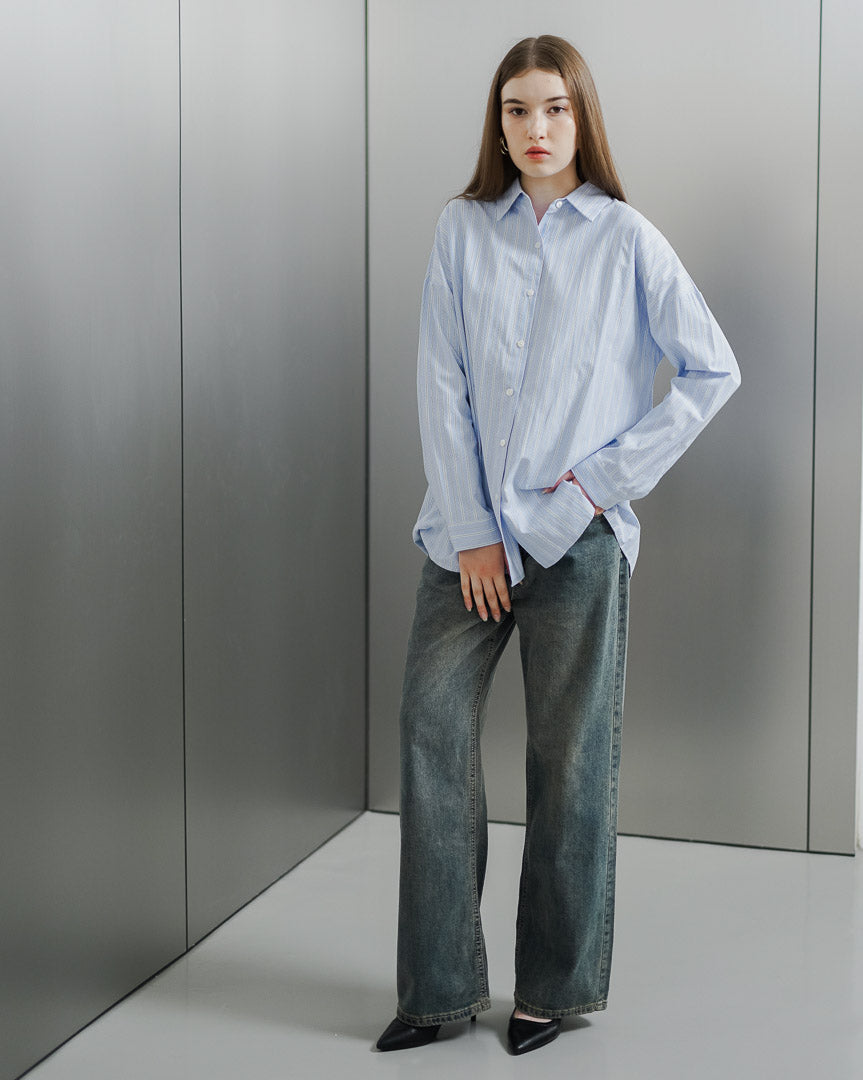 Alvina Back Tie Blue Shirt - Kemeja Wanita Kekinian Lengan Panjang - 189972