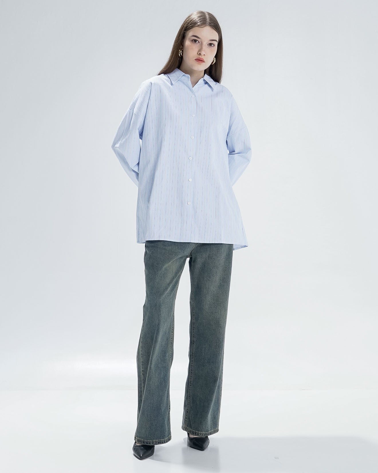 Alvina Back Tie Blue Shirt - Kemeja Wanita Kekinian Lengan Panjang - 189972