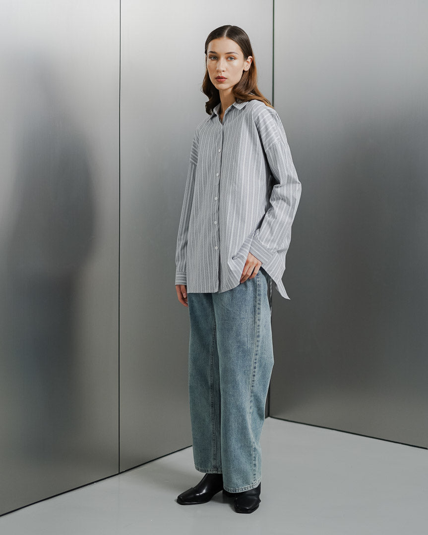 Alvina Back Tie Gey Shirt - Kemeja Wanita Kekinian Lengan Panjang - 189973