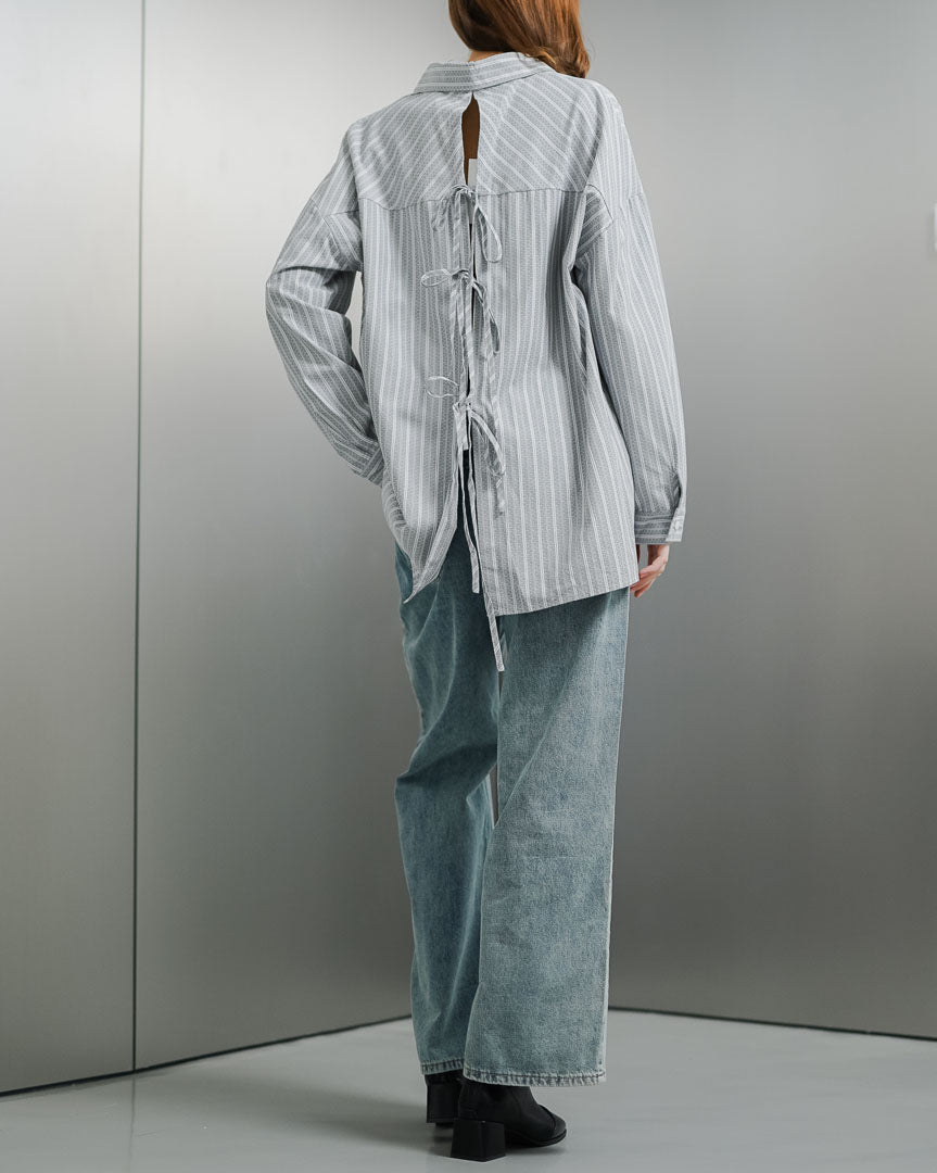 Alvina Back Tie Gey Shirt - Kemeja Wanita Kekinian Lengan Panjang - 189973