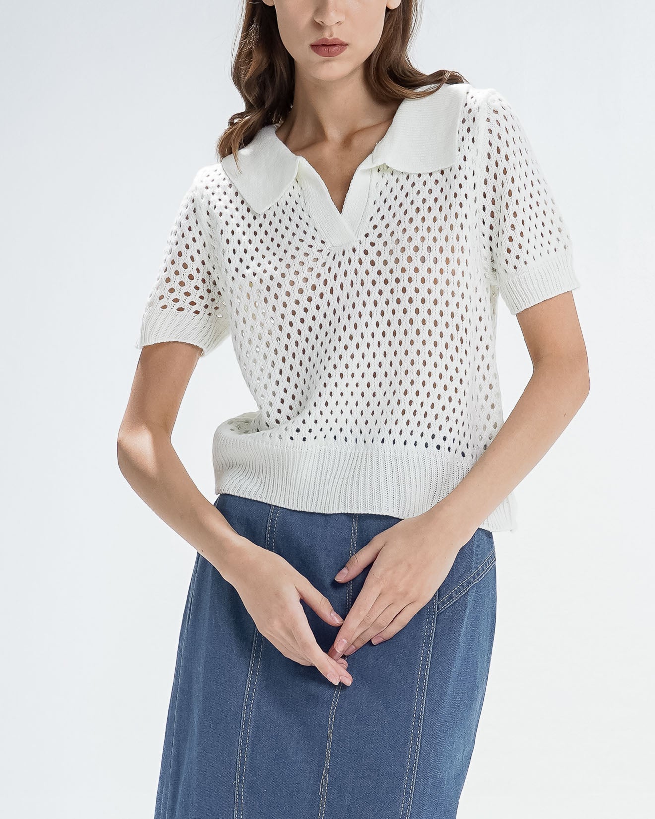 Reiko Fishnet White Top – Atasan Wanita Lengan Pendek - 190801