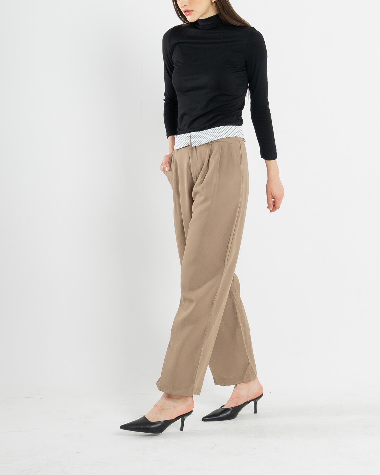 Leo Stripe Waist Wide Leg Brown Pants – 286979