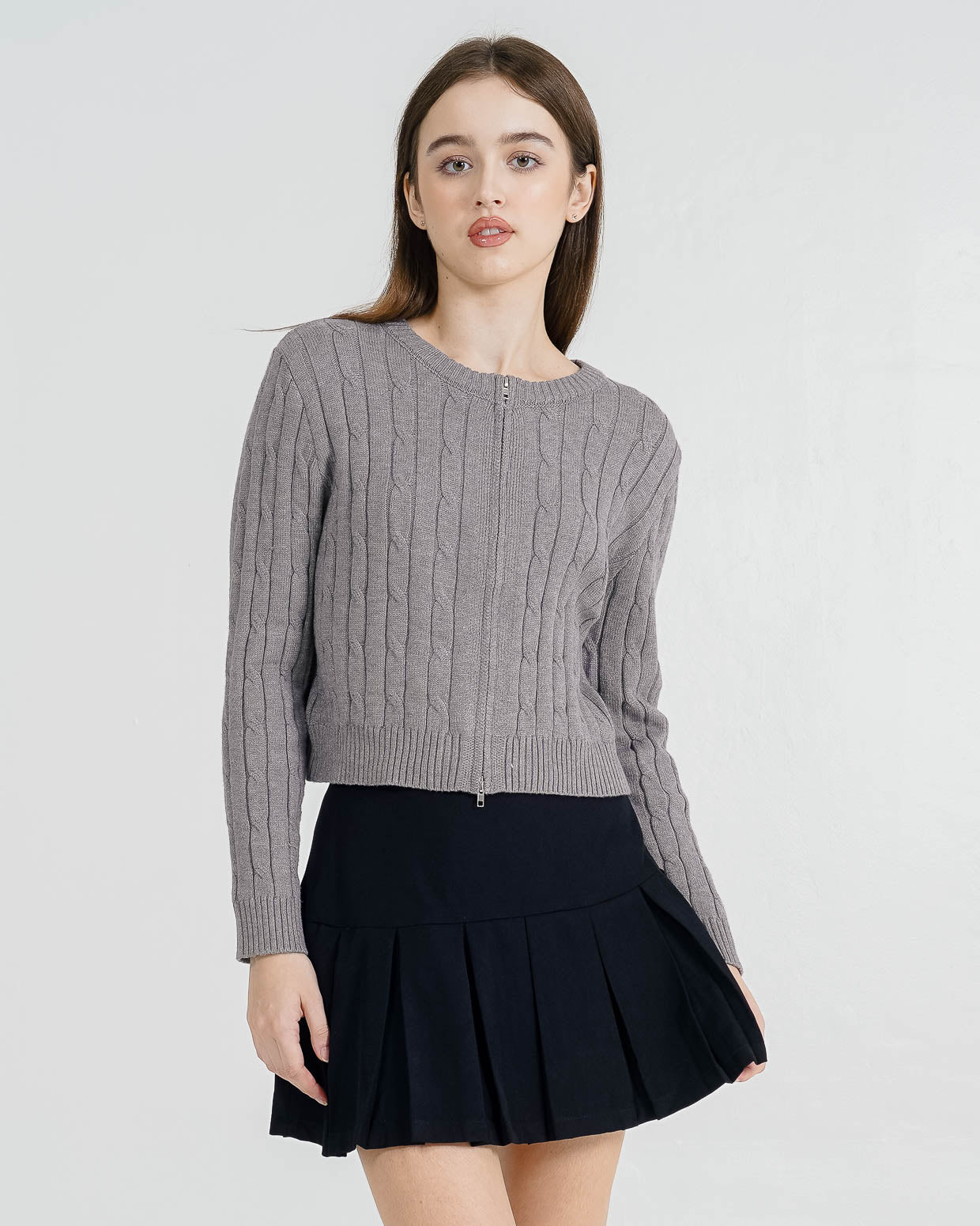Abilene Cable Zipper Knit Grey Top – Baju Atasan Wanita Lengan Panjang