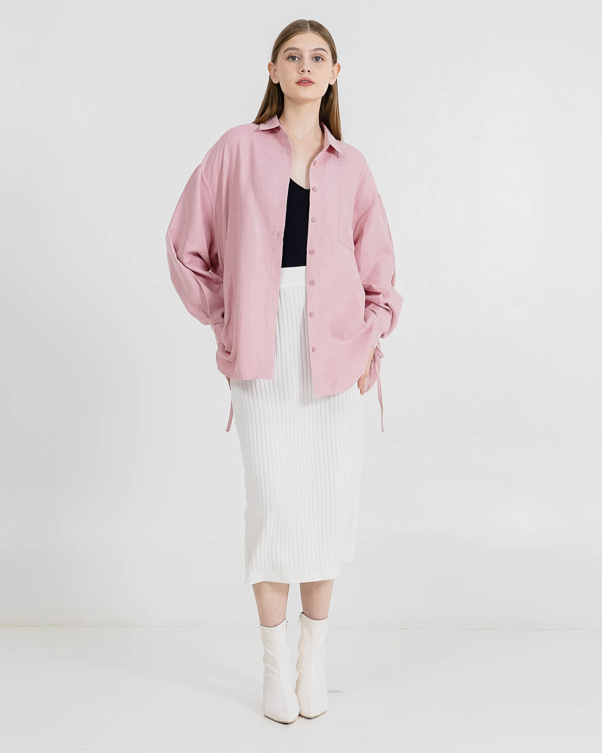 Aeron Oversized Drawstring Pink Shirt – Baju Atasan Wanita Lengan Panjang