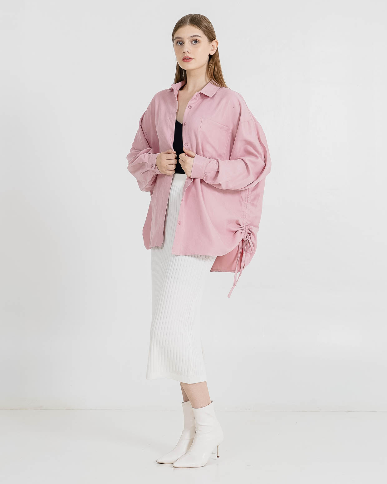 Aeron Oversized Drawstring Pink Shirt – Baju Atasan Wanita Lengan Panjang