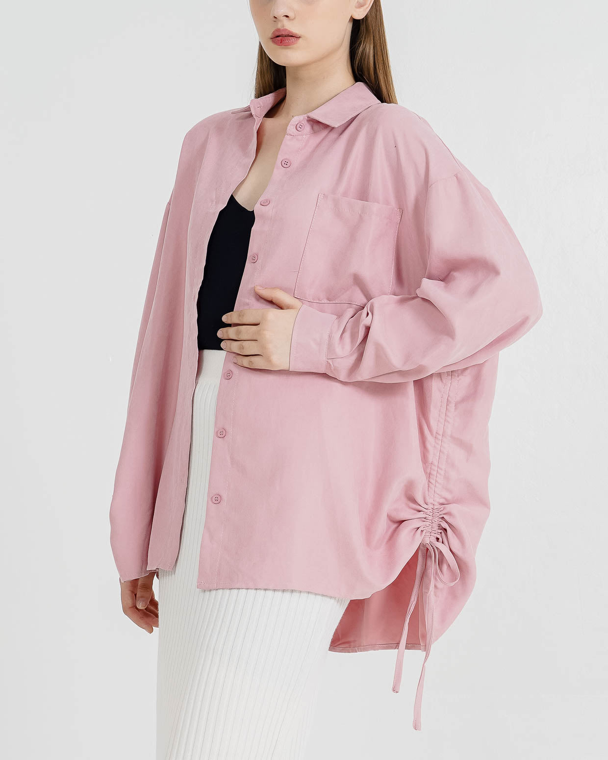 Aeron Oversized Drawstring Pink Shirt – Baju Atasan Wanita Lengan Panjang