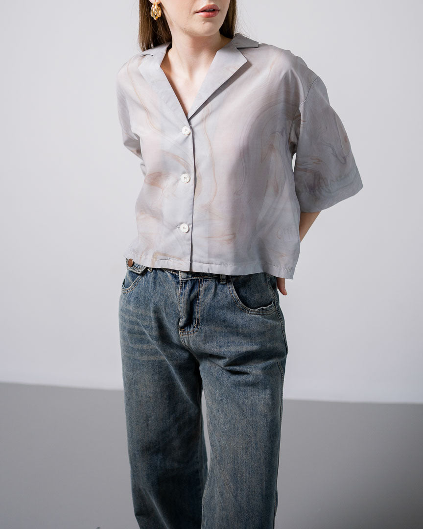 Ardel Crop Sheer Grey Shirt Grey - Atasan Blouse Wanita Kekinian