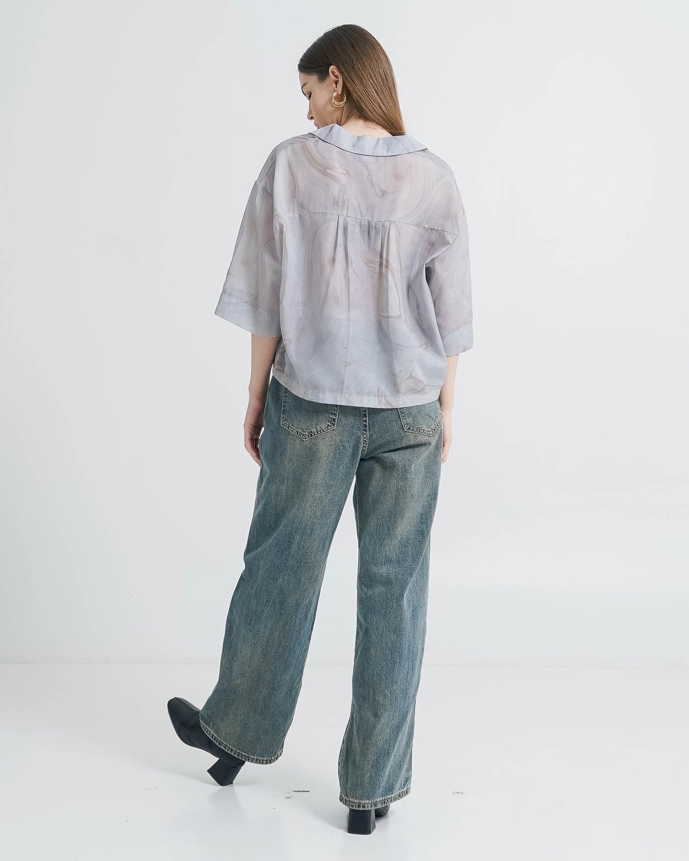 Ardel Crop Sheer Grey Shirt Grey - Atasan Blouse Wanita Kekinian