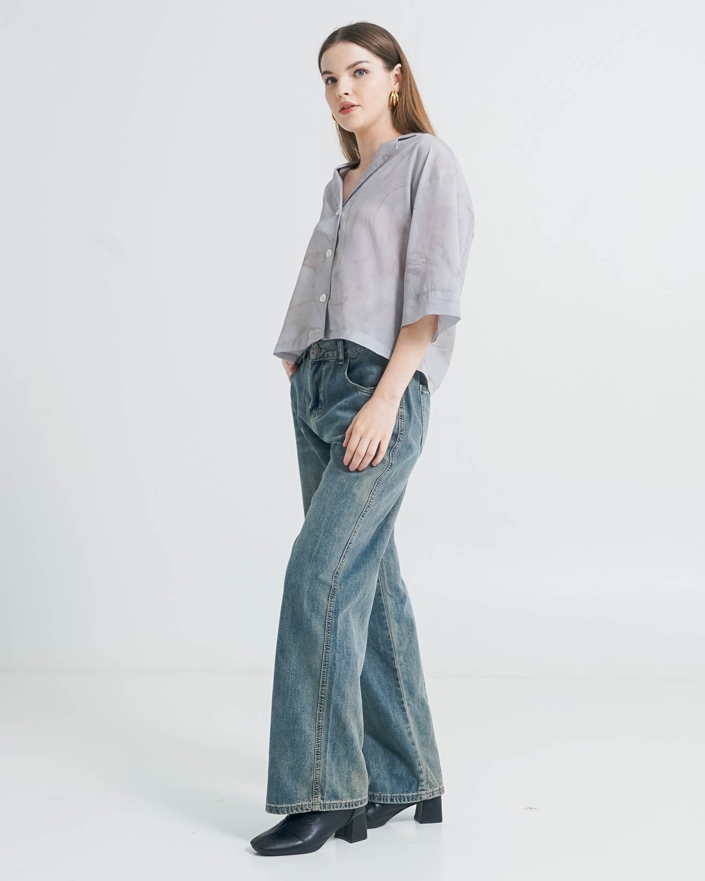 Ardel Crop Sheer Grey Shirt Grey - Atasan Blouse Wanita Kekinian
