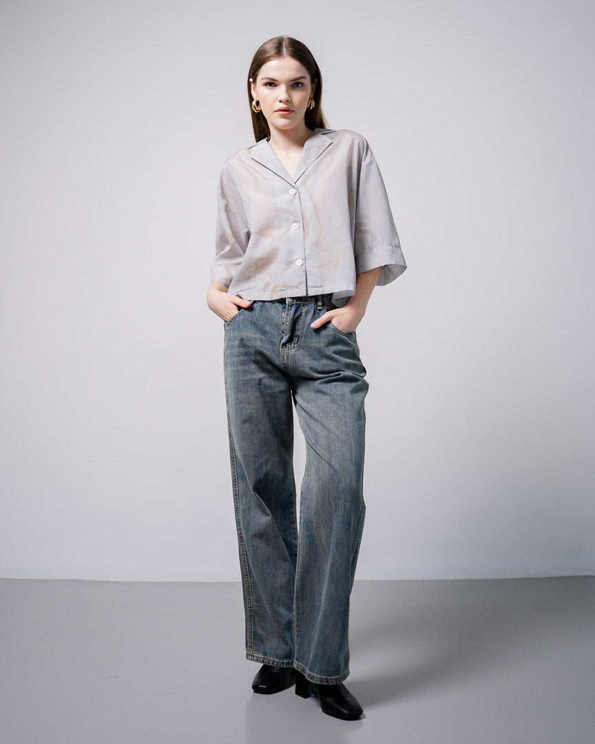 Ardel Crop Sheer Grey Shirt Grey - Atasan Blouse Wanita Kekinian