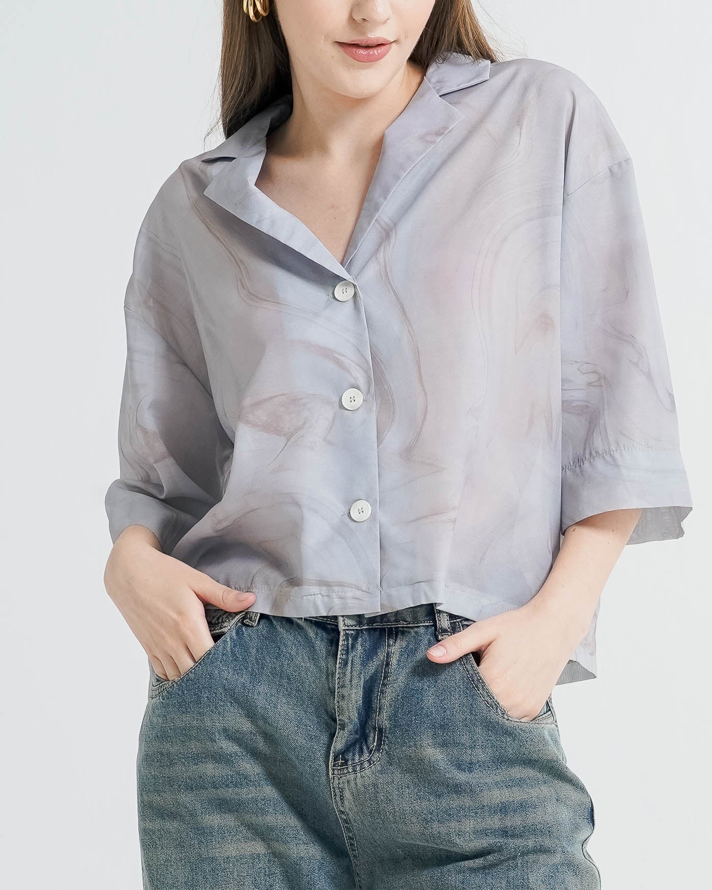 Ardel Crop Sheer Grey Shirt Grey - Atasan Blouse Wanita Kekinian