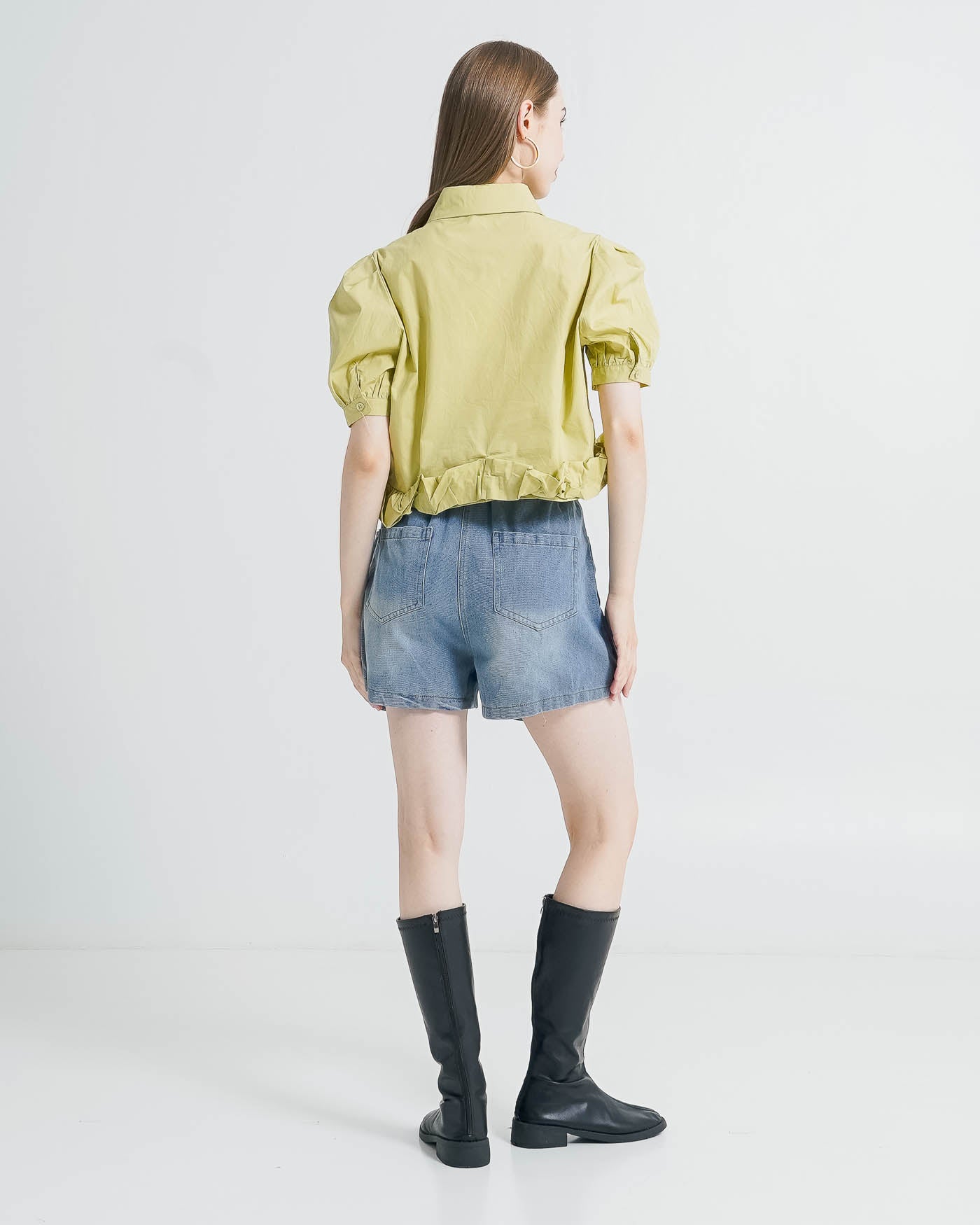 Sherla Crop Ruffle Sage Shirt - Kemeja Wanita Kekinian Lengan Pendek