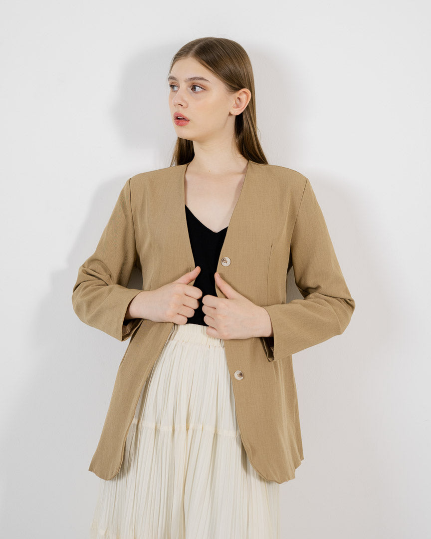 Kazuha Waist Fitted Brown Blazer – Outer Formal Wanita Hijab Friendly