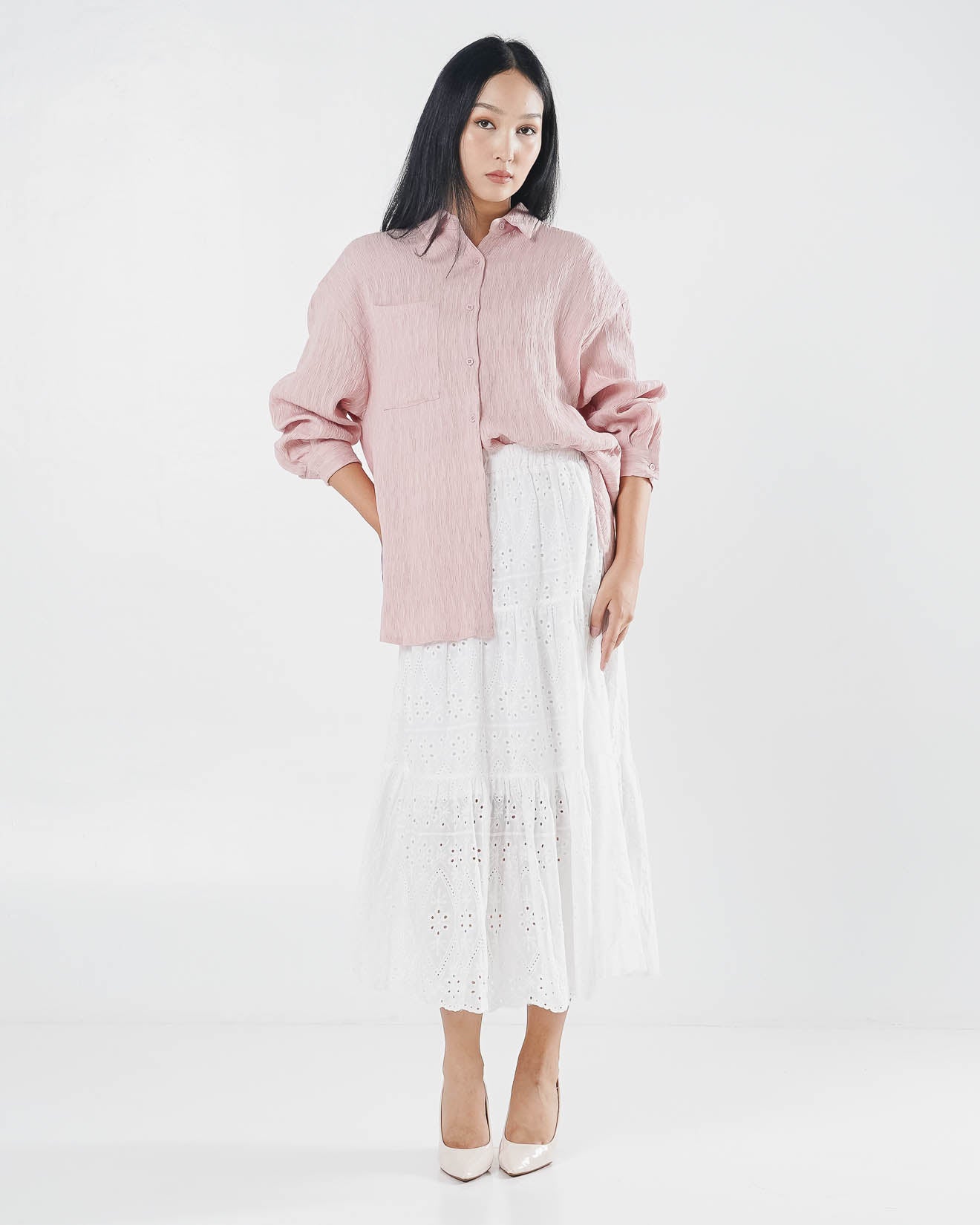 Carmen Textured Pleats Pink Shirt – Baju Atasan Kemeja Wanita