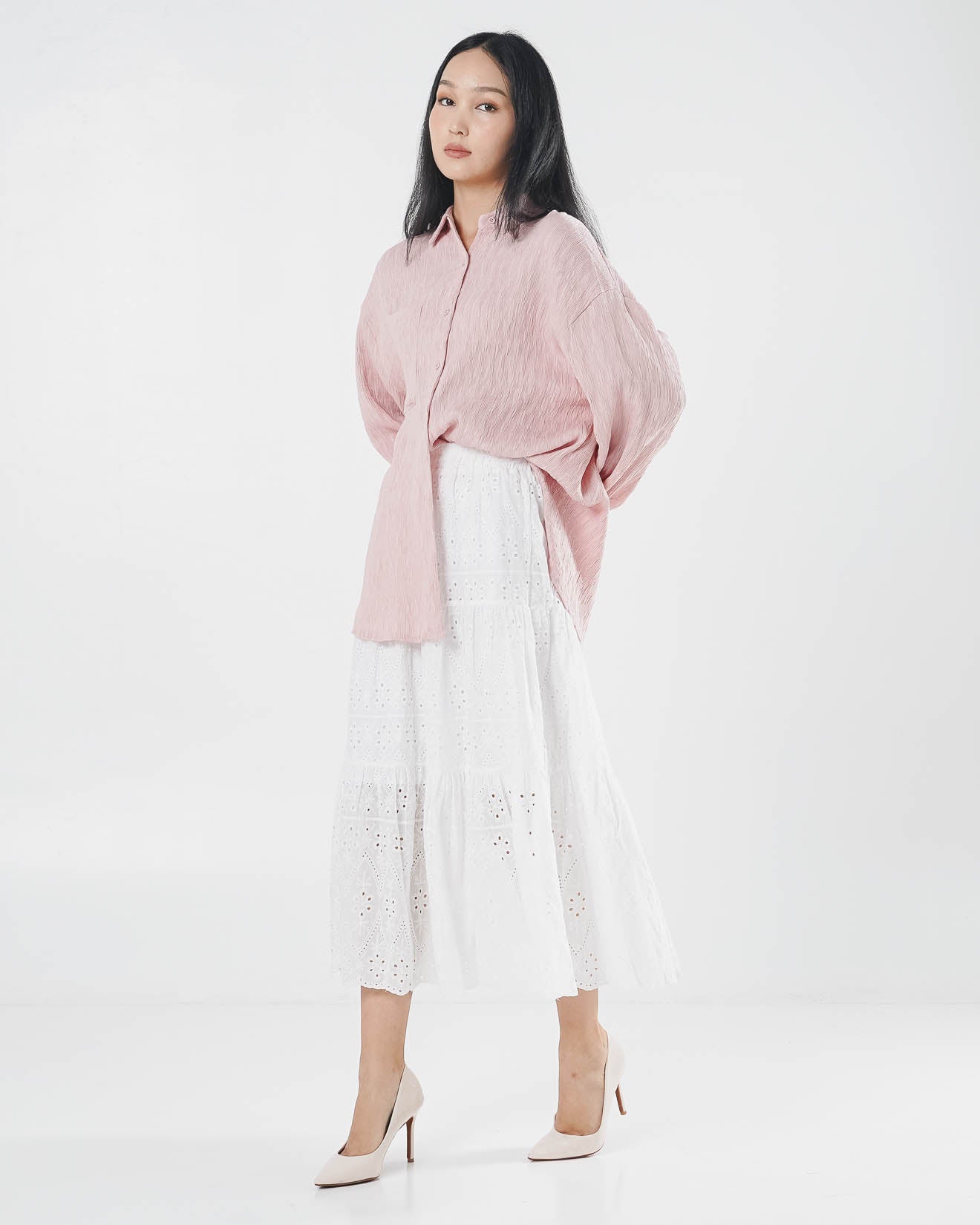 Carmen Textured Pleats Pink Shirt – Baju Atasan Kemeja Wanita