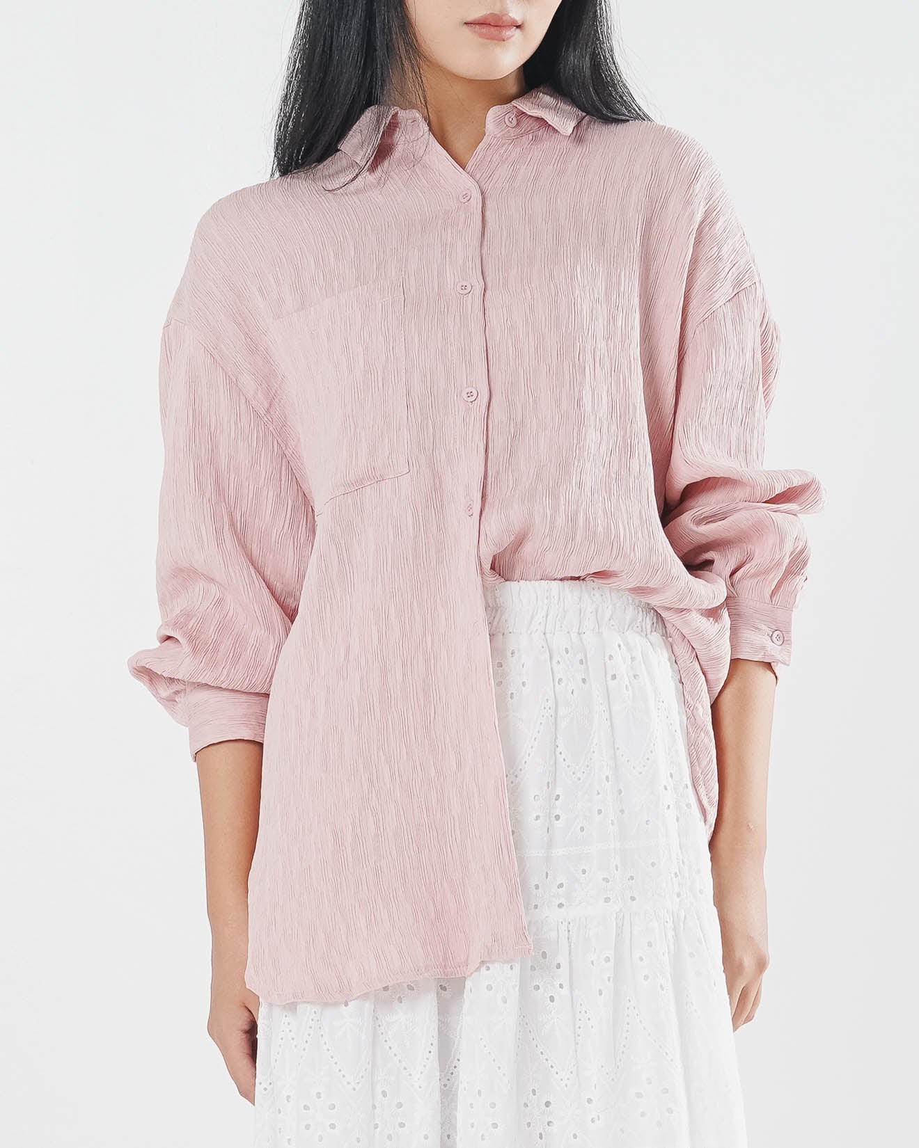 Carmen Textured Pleats Pink Shirt – Baju Atasan Kemeja Wanita