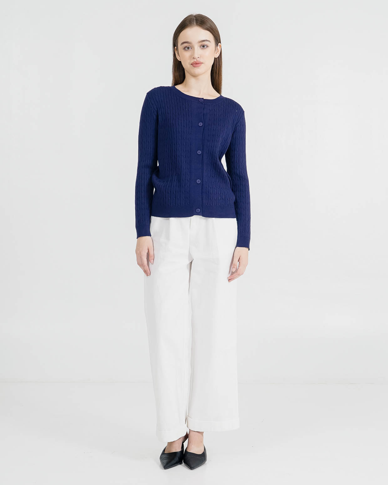 Carine Cable Knit Navy Cardigan – Luaran Wanita Casual