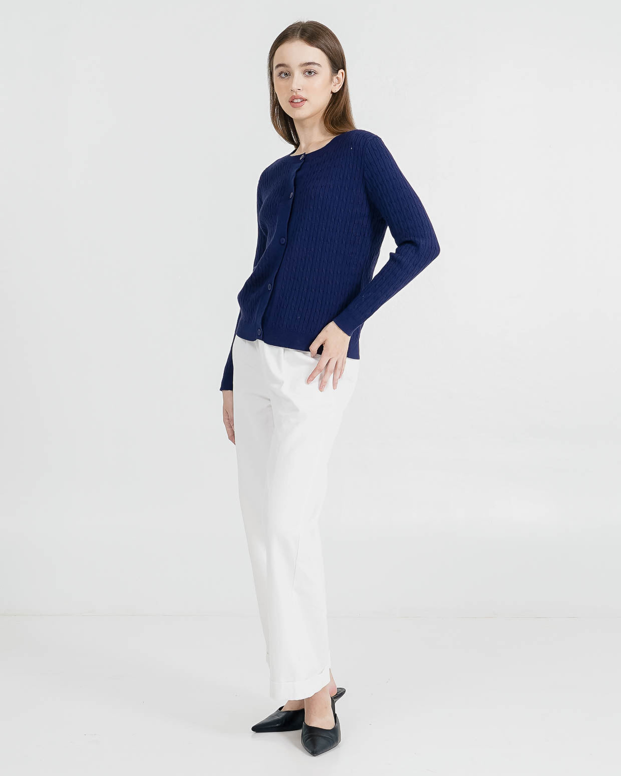 Carine Cable Knit Navy Cardigan – Luaran Wanita Casual
