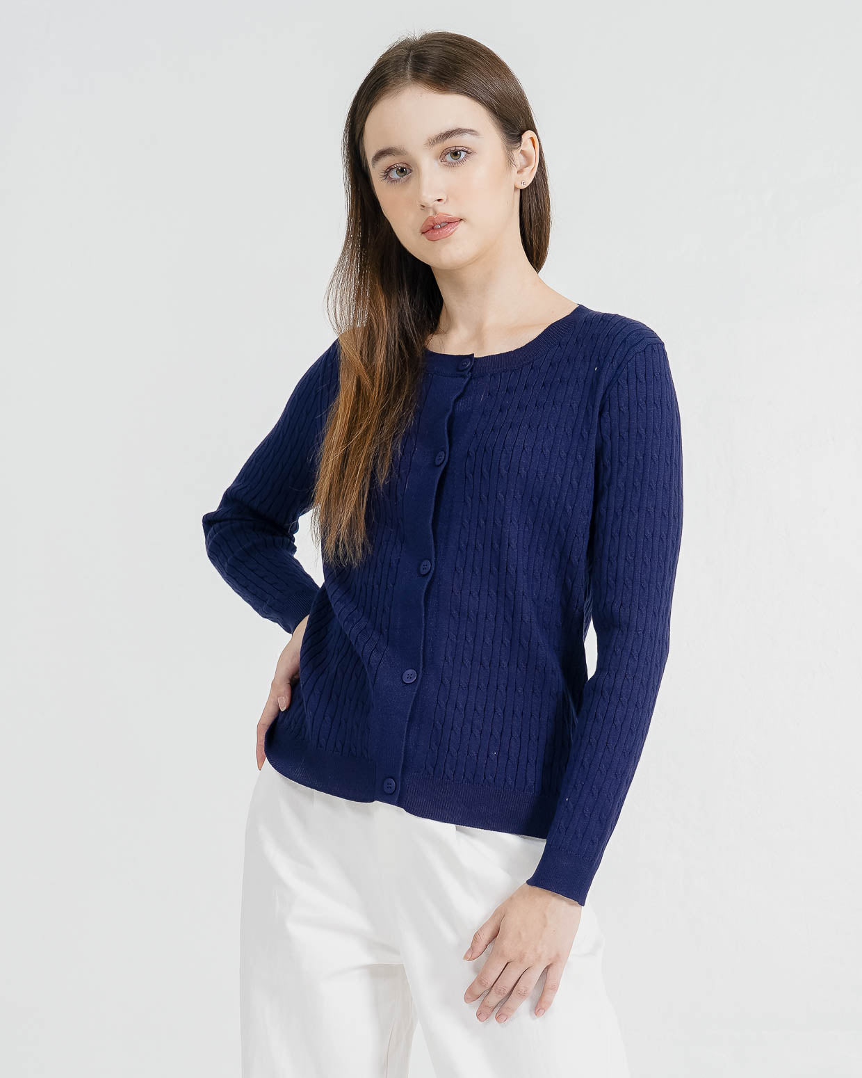 Carine Cable Knit Navy Cardigan – Luaran Wanita Casual