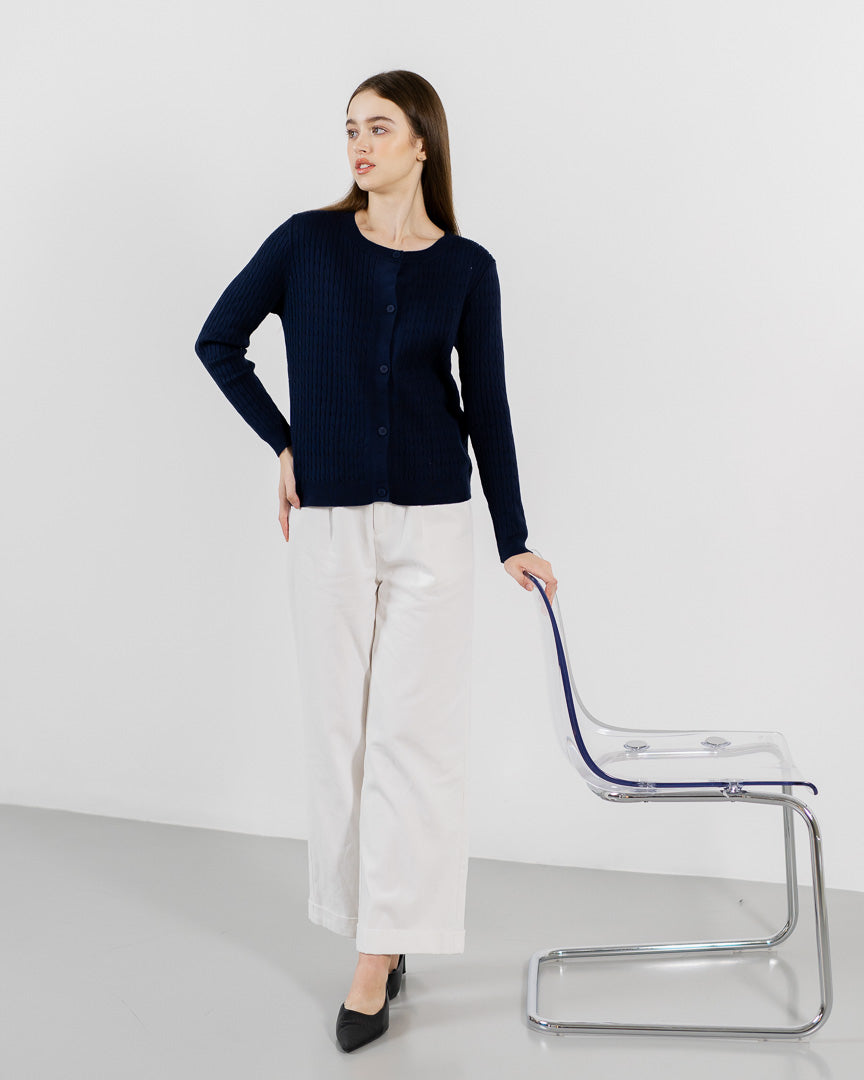 Carine Cable Knit Navy Cardigan – Luaran Wanita Casual