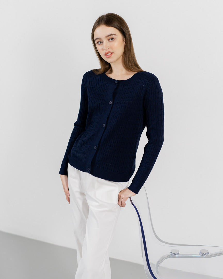 Carine Cable Knit Navy Cardigan – Luaran Wanita Casual