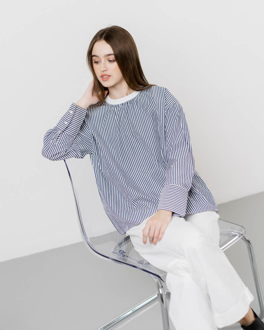 Maya Striped Navy Top – Kemeja Wanita Lengan Panjang