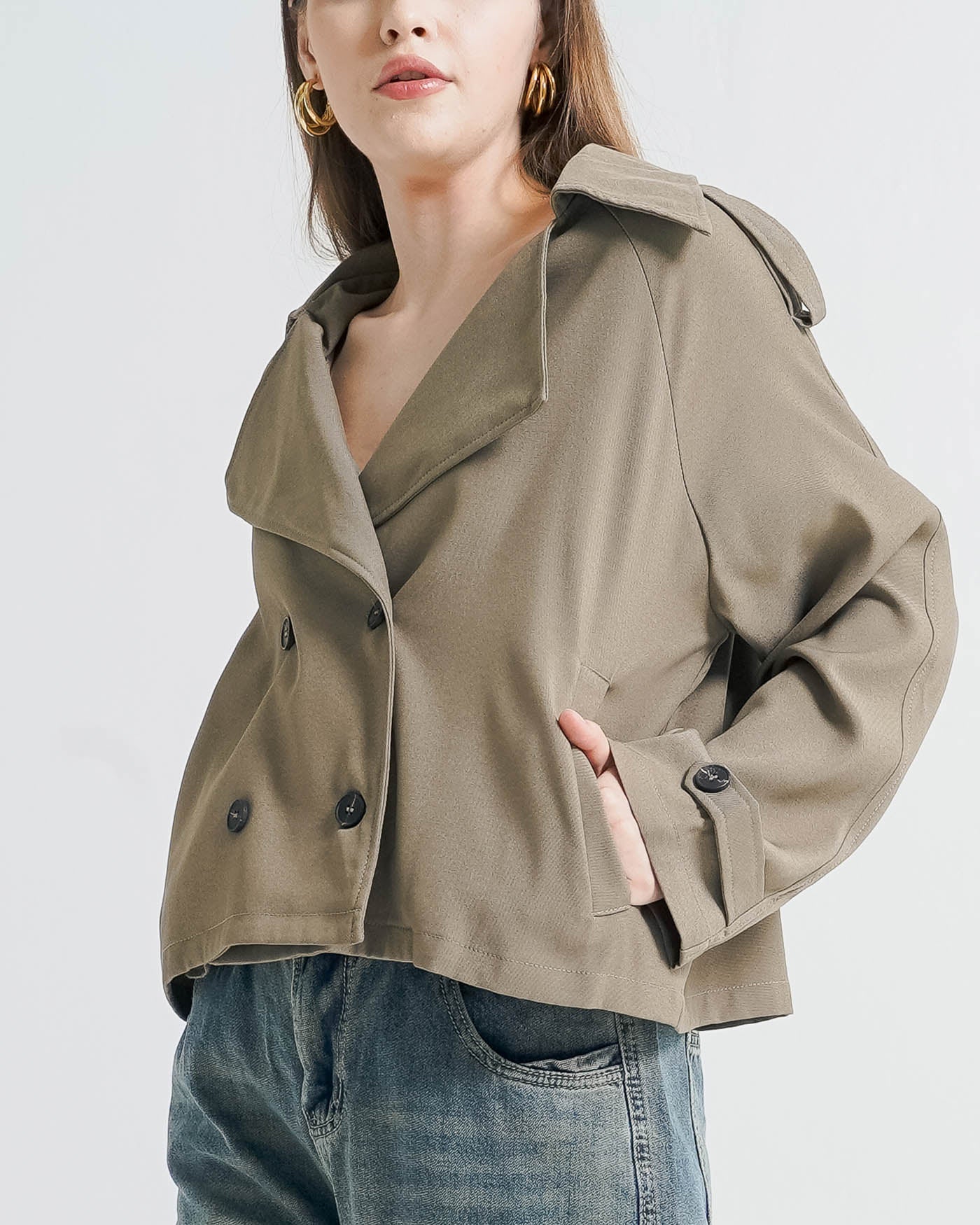 Athena Oversized Crop Army Trench Outer – Atasan Outer Wanita Kekinian Lengan Panjang
