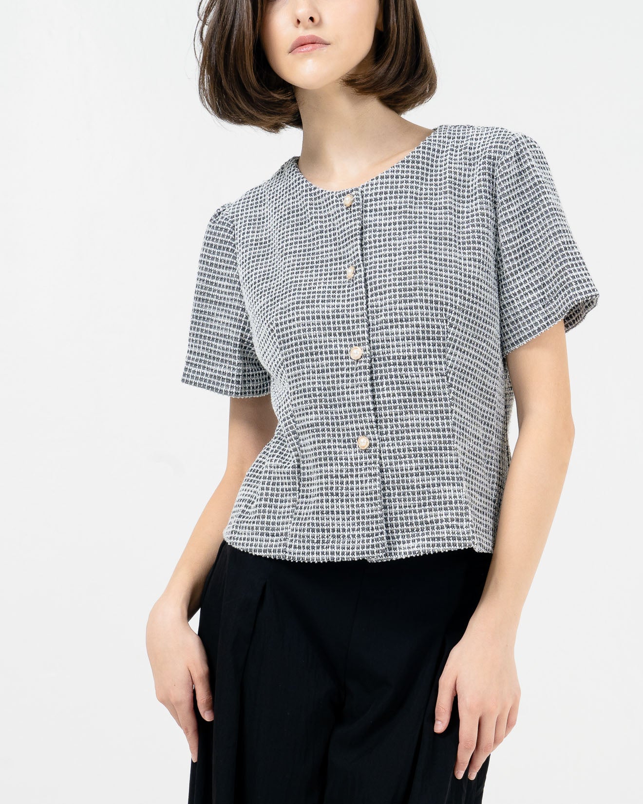 Madalyn Tweed Crop Black Top - Baju Atasan Wanita Kekinian