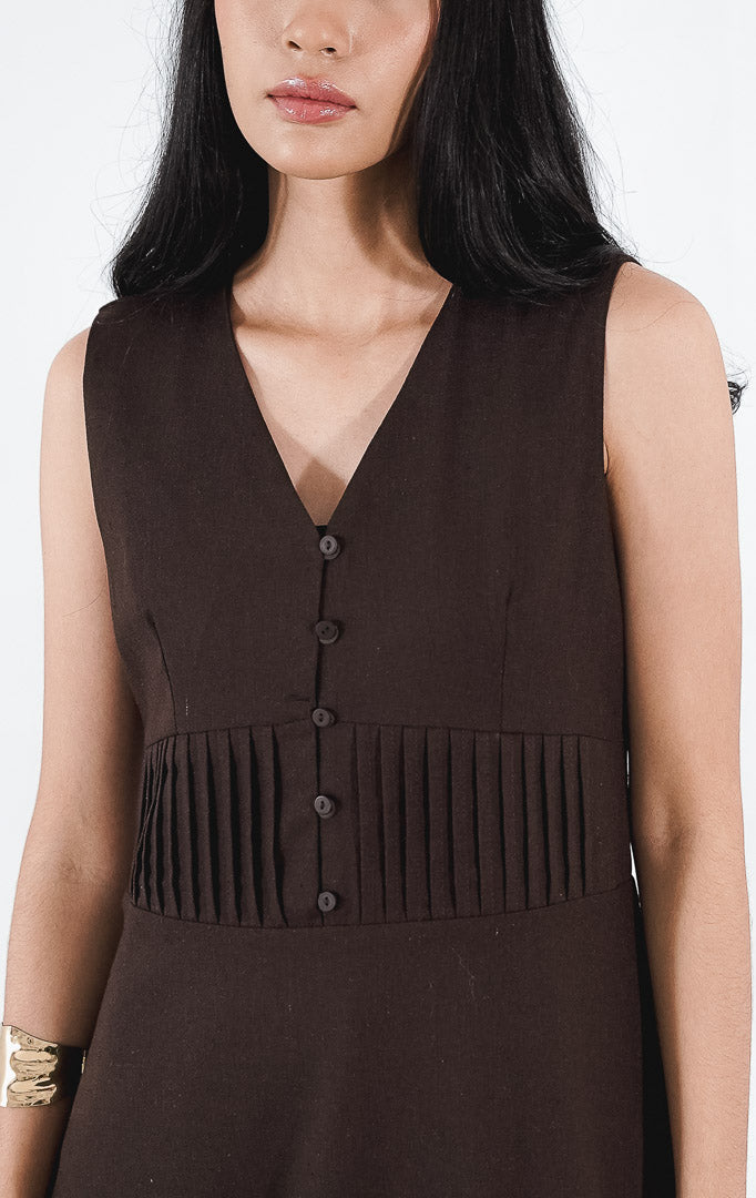 Aurynn Dark Brown Midi Dress Gaun A-Line Wanita