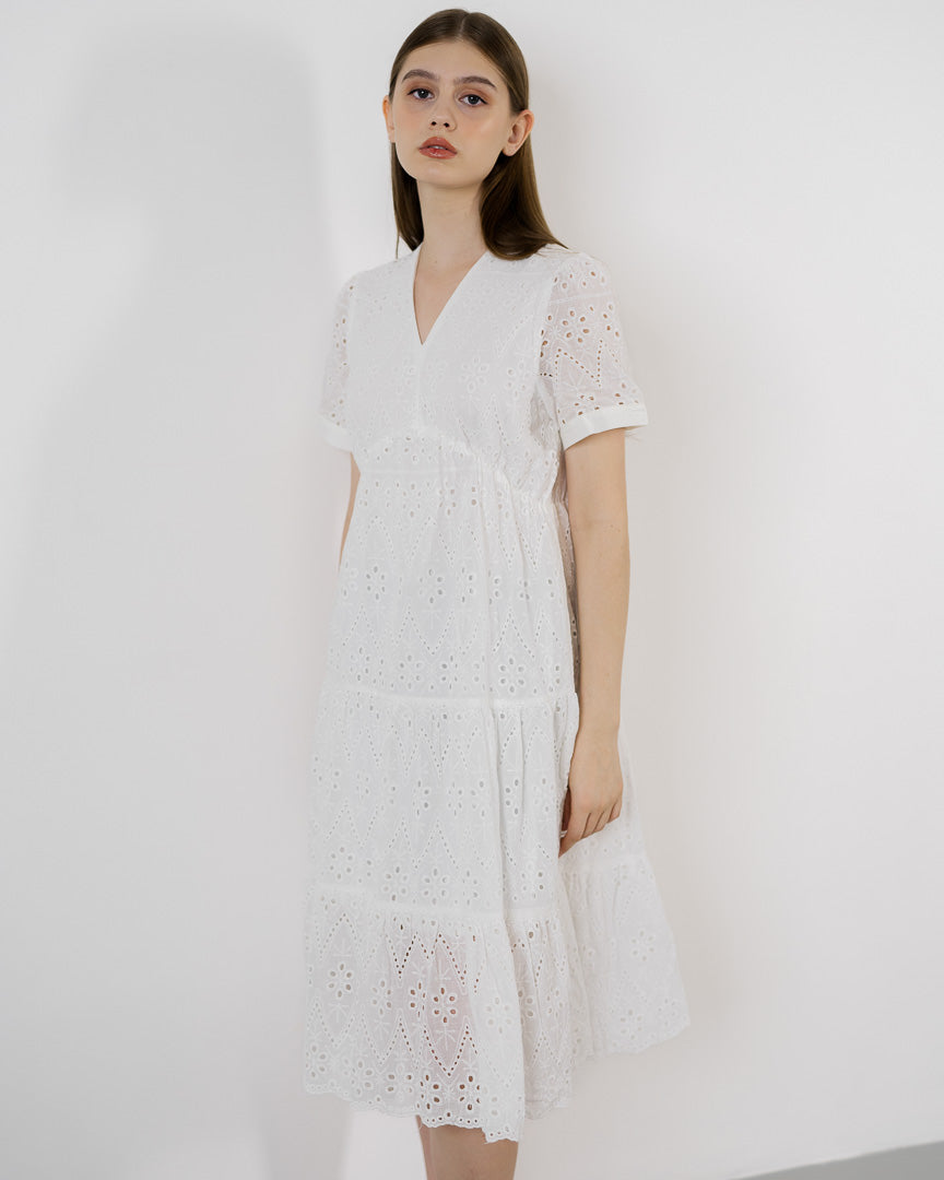 Sylvia Crochet White Dress – Gaun Midi Wanita Casual