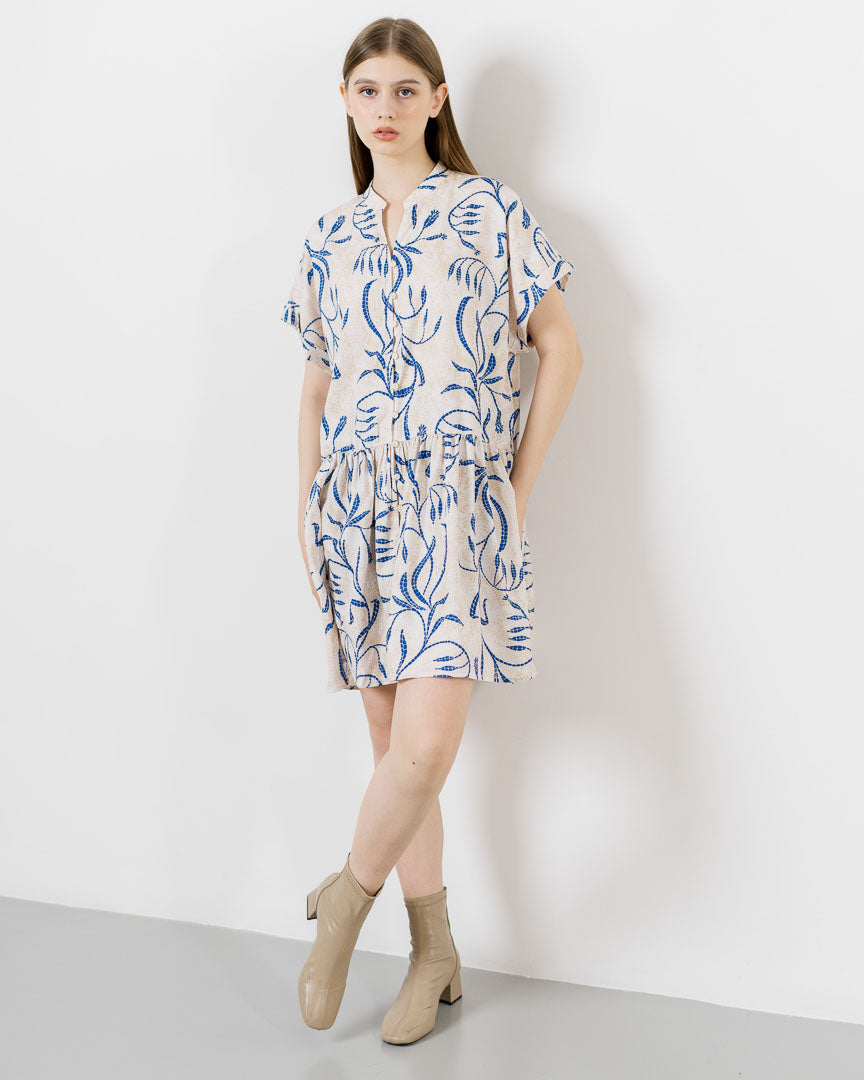 Araceline Printed Blue Dress - Gaun Wanita Kekinian Lengan Pendek