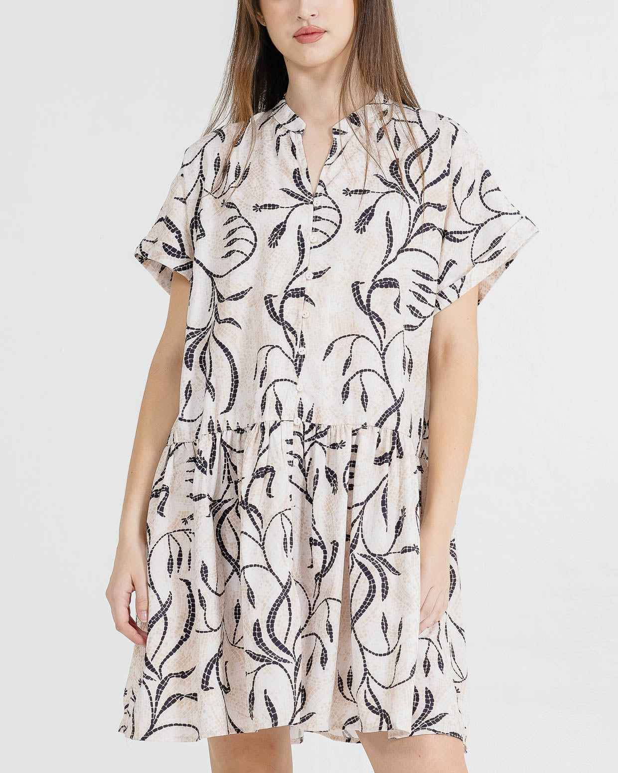 Araceline Printed Black Dress – Gaun Midi Wanita Casual