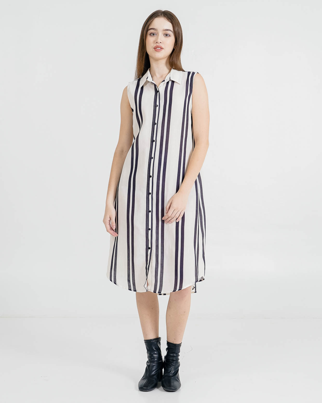 Aislin Sleeveless Collar Black Striped Dress – Gaun Wanita Kekinian