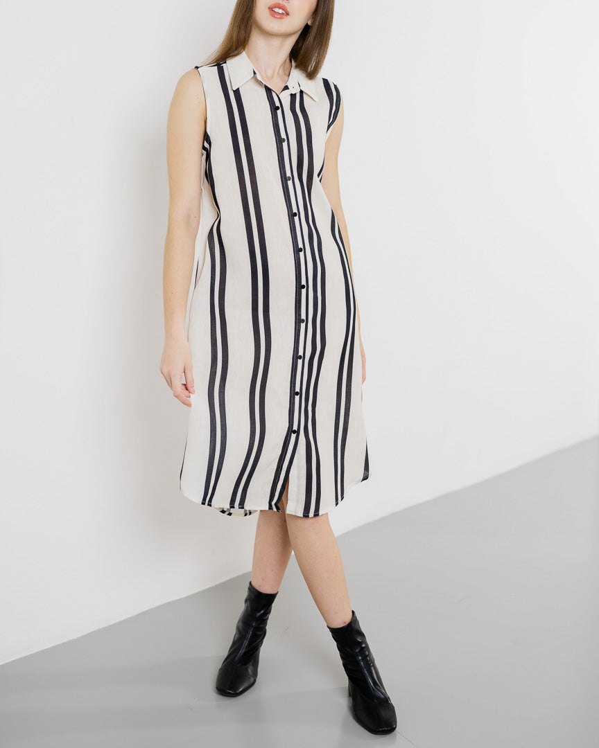 Aislin Sleeveless Collar Black Striped Dress – Gaun Wanita Kekinian