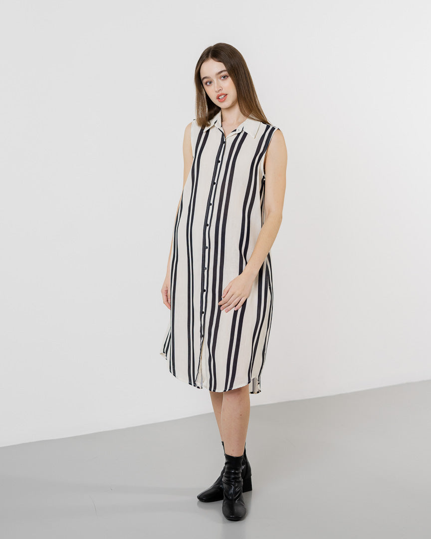 Aislin Sleeveless Collar Black Striped Dress – Gaun Wanita Kekinian