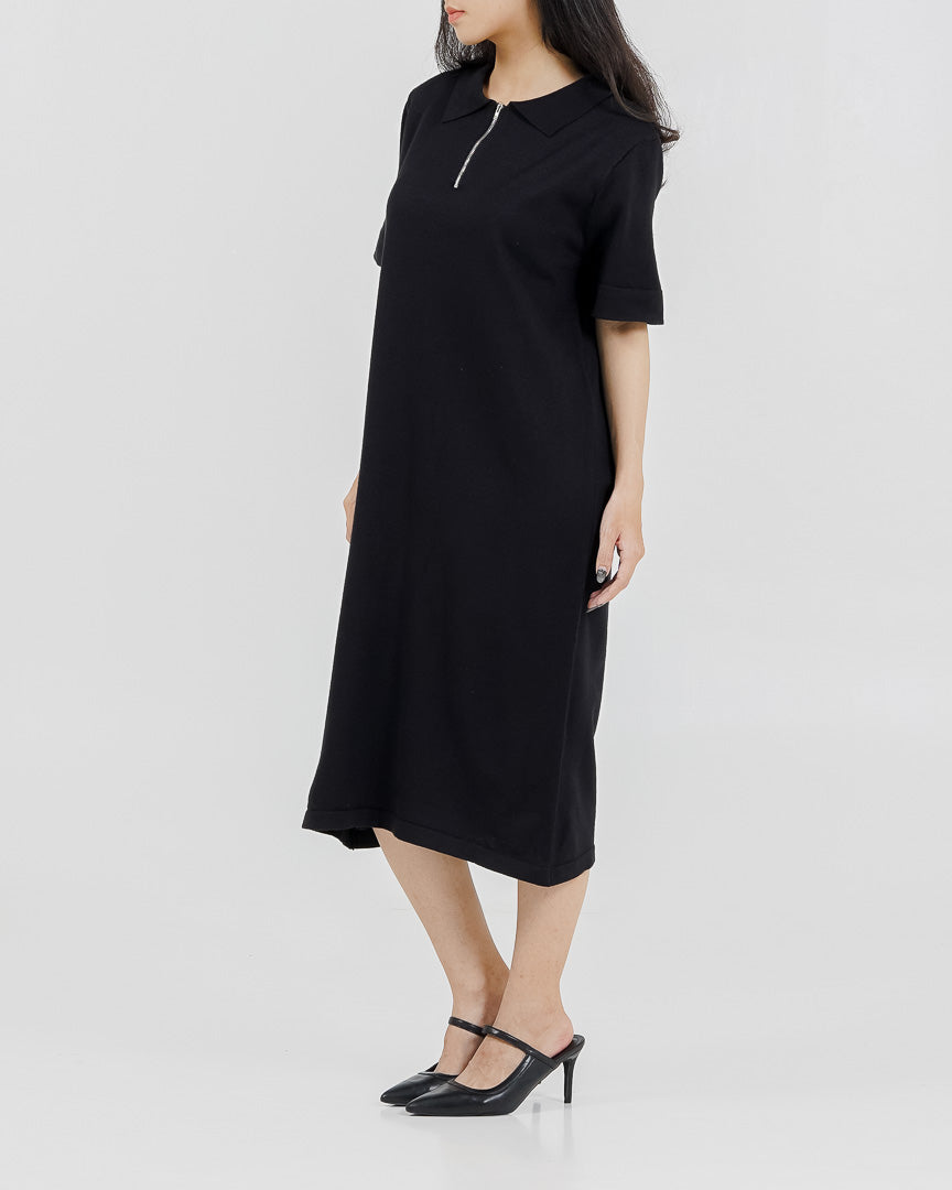 Chiara Zipper Knit Black Dress – Gaun Midi Casual Wanita