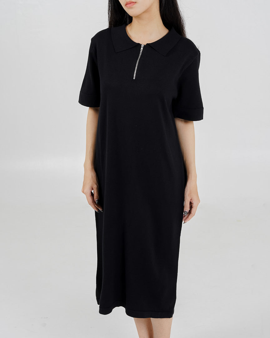 Chiara Zipper Knit Black Dress – Gaun Midi Casual Wanita