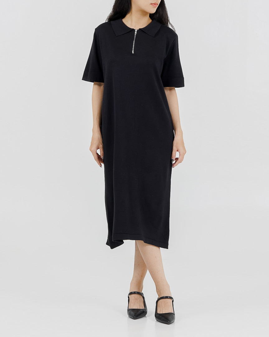 Chiara Zipper Knit Black Dress – Gaun Midi Casual Wanita