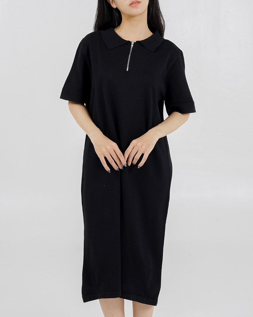 Chiara Zipper Knit Black Dress – Gaun Midi Casual Wanita