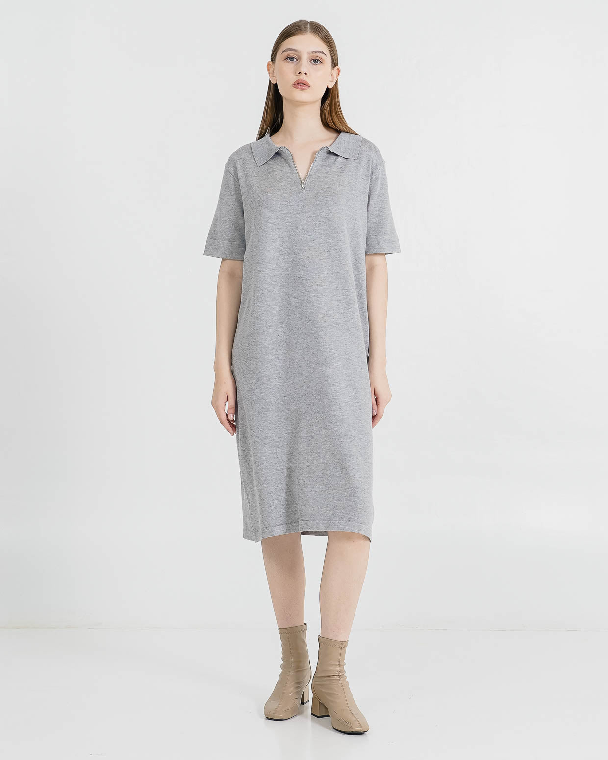 Chiara Zipper Knit Grey Dress – Gaun Midi Wanita Casual