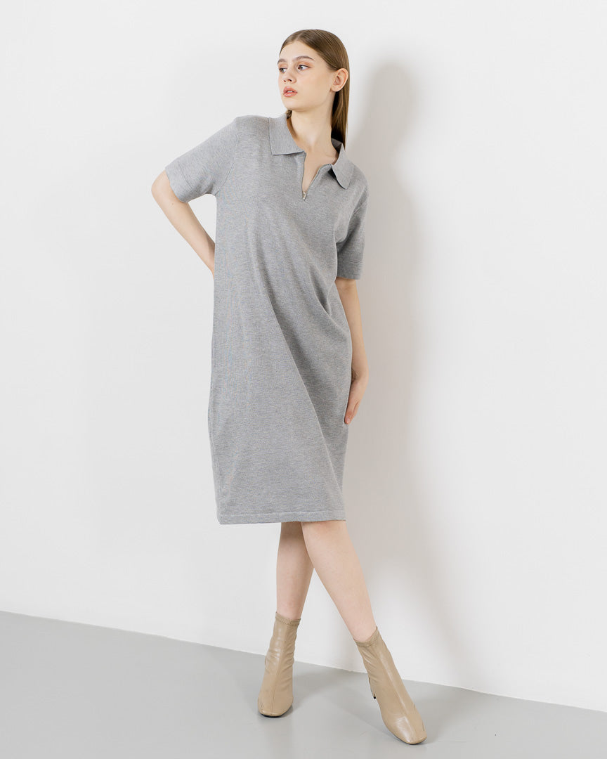 Chiara Zipper Knit Grey Dress – Gaun Midi Wanita Casual