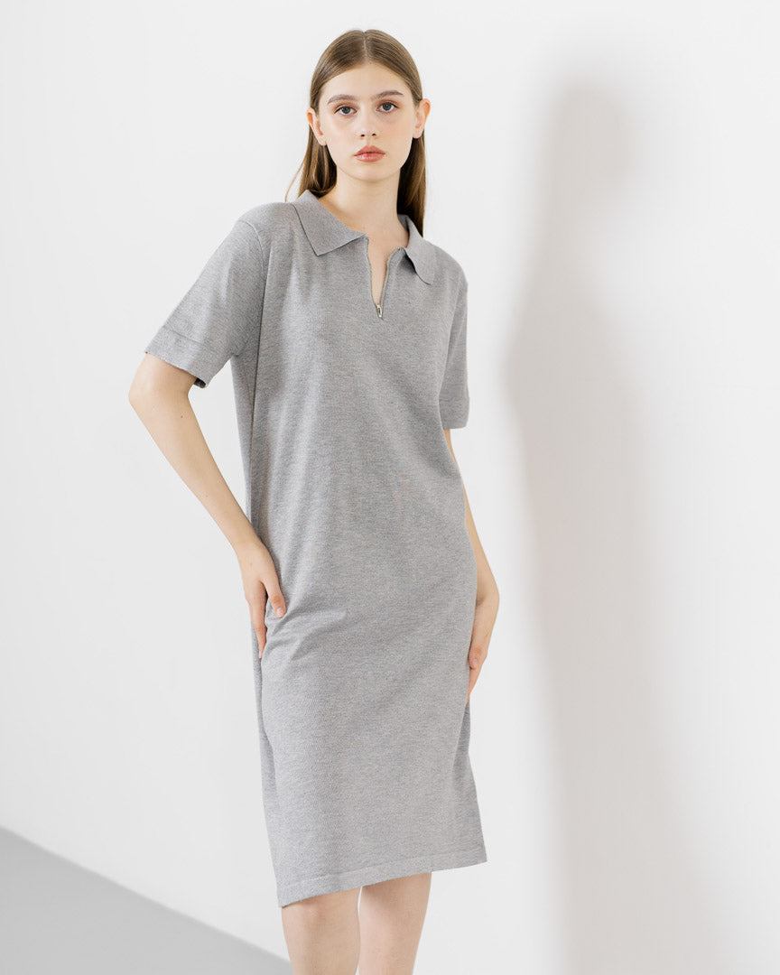 Chiara Zipper Knit Grey Dress – Gaun Midi Wanita Casual